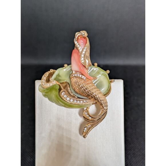 Hattie Carnegie Mermaid Brooch Faux Orange Coral/Jade w/Rhinestones Unsigned 2” - Picture 3 of 6